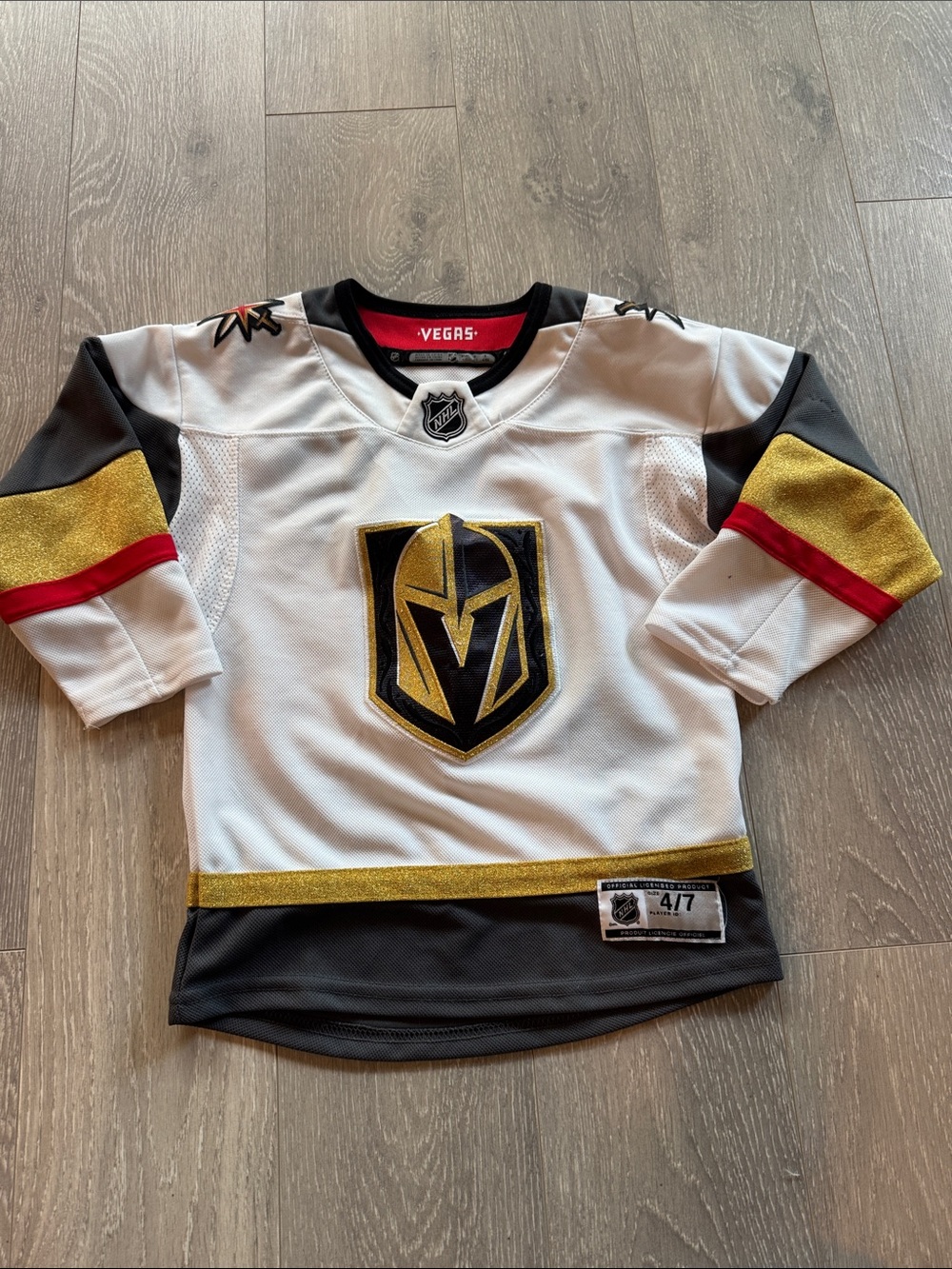 Kids White Vegas Golden Knights VGK Hockey Jersey with Gold & Red Accents
